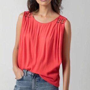 Spense Women's Criss-Cross Shoulder Details SLMN Sunset Red/Orange Blouse L/G